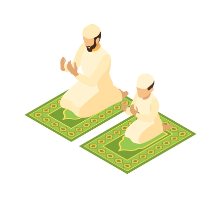 Isometric arab family composition with view of adult man and child praying on carpets vector illustration