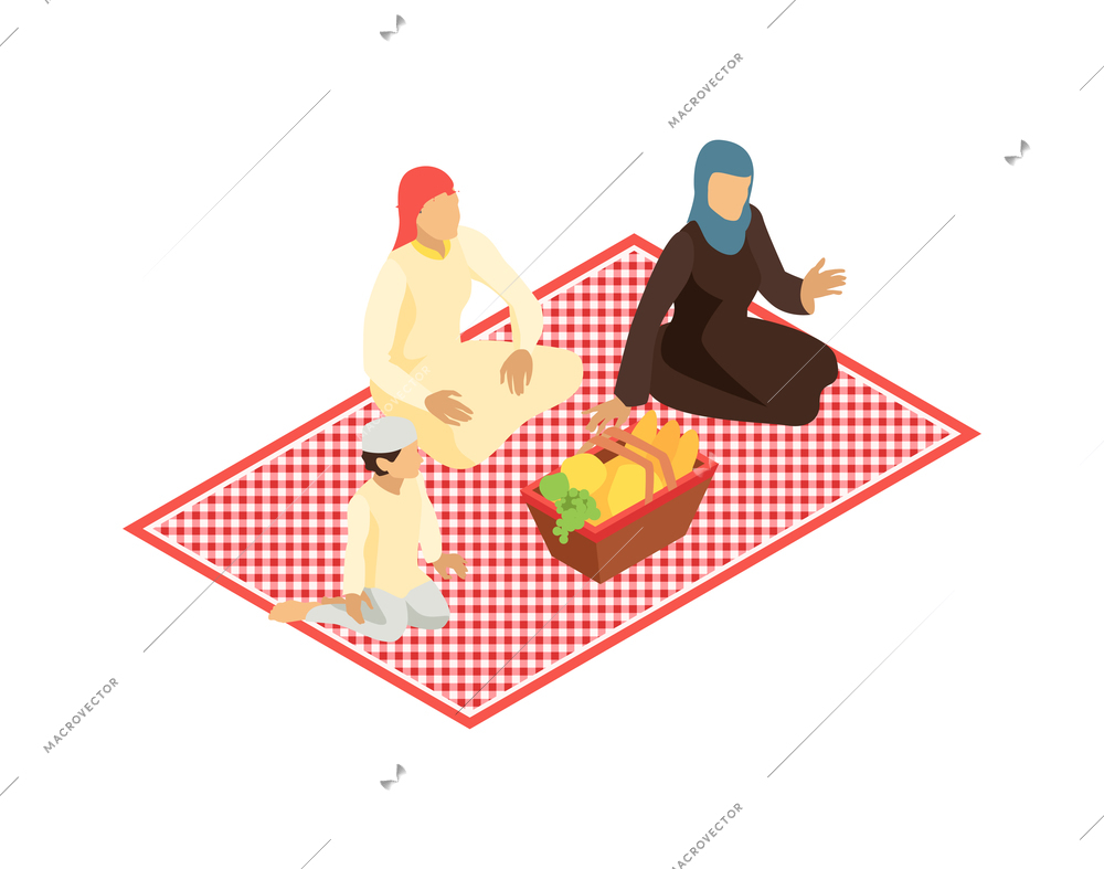 Isometric arab family composition with view of family members having basket lunch outdoors vector illustration