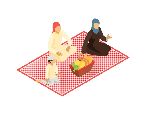 Isometric arab family composition with view of family members having basket lunch outdoors vector illustration