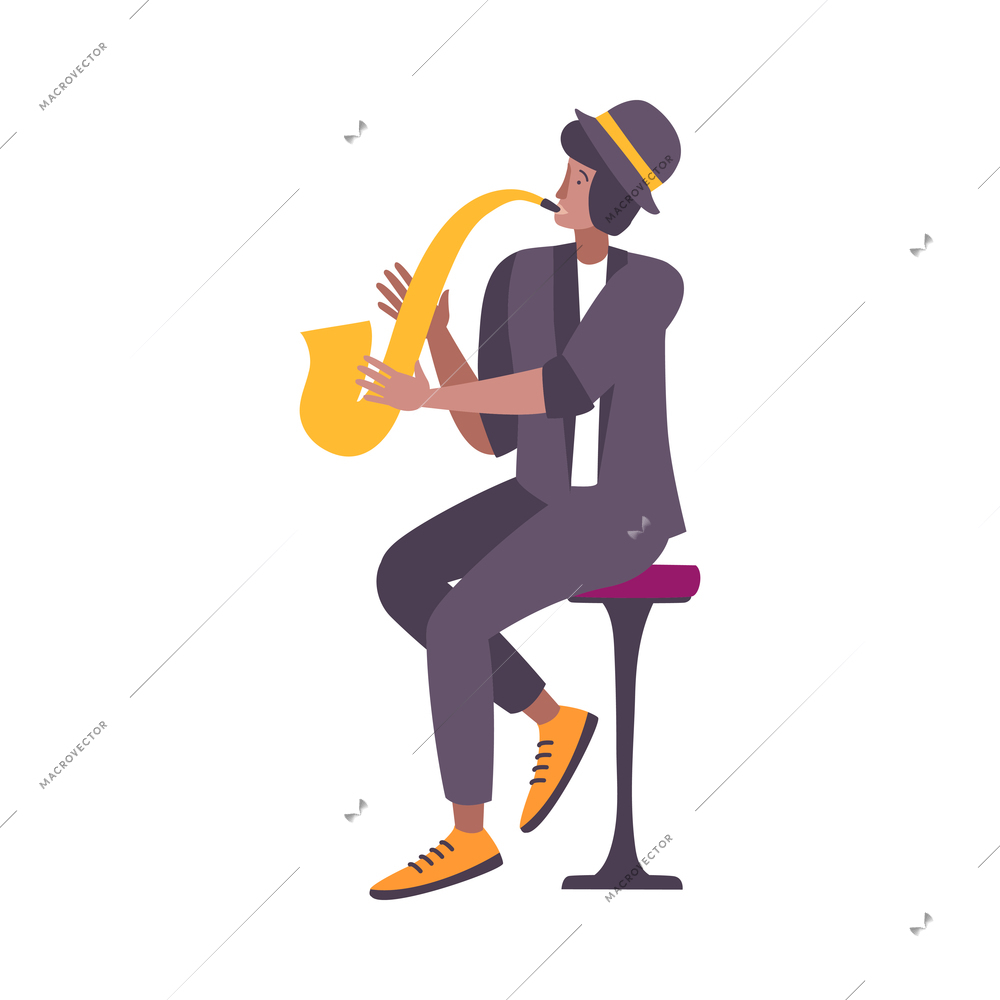 Singer character flat composition with isolated human character of performing sax player on blank background vector illustration