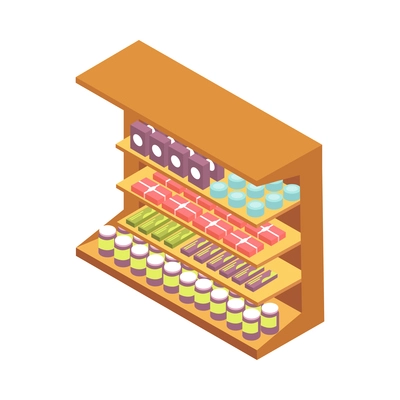 Supermarket isometric composition with isolated image of cabinet with sweets in cabinet on blank background vector illustration