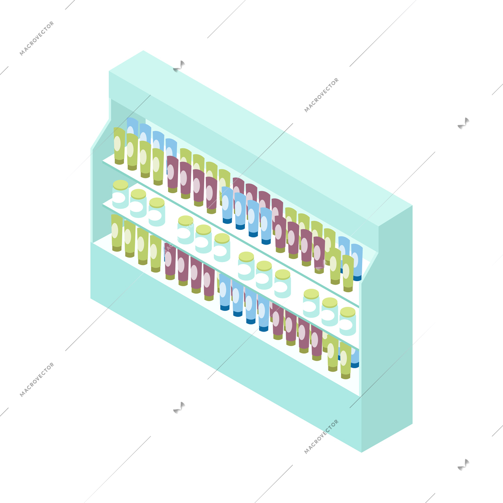 Supermarket isometric composition with isolated image of cabinet with tubes of cream on blank background vector illustration