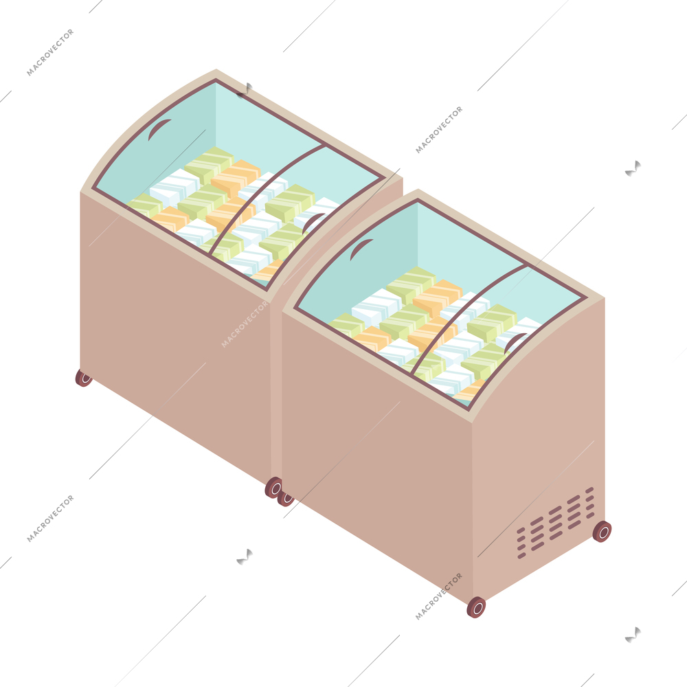 Supermarket isometric composition with isolated image of cabinet with closet fridge on blank background vector illustration