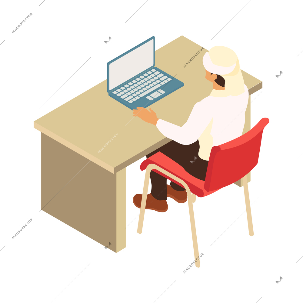 Isometric arab family composition with character of working man at table with laptop on blank background vector illustration
