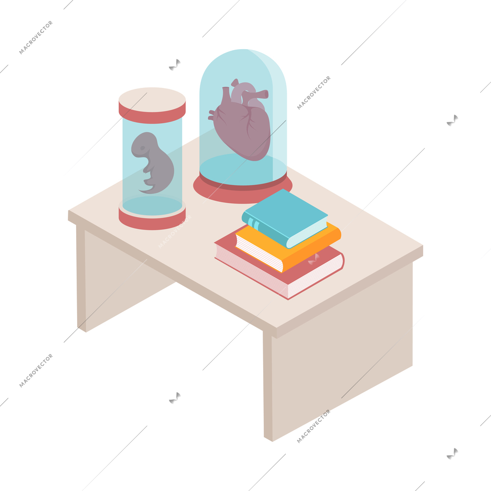 Intern medical students isometric composition with isolated image of table with books and bottled human organs vector illustration