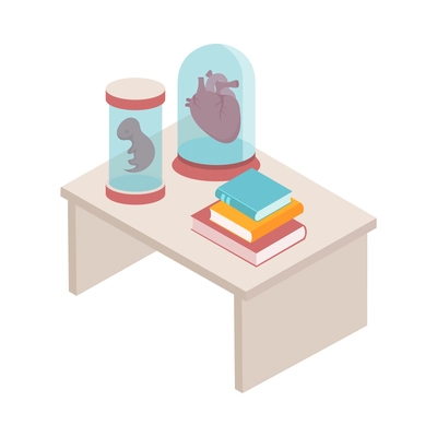 Intern medical students isometric composition with isolated image of table with books and bottled human organs vector illustration