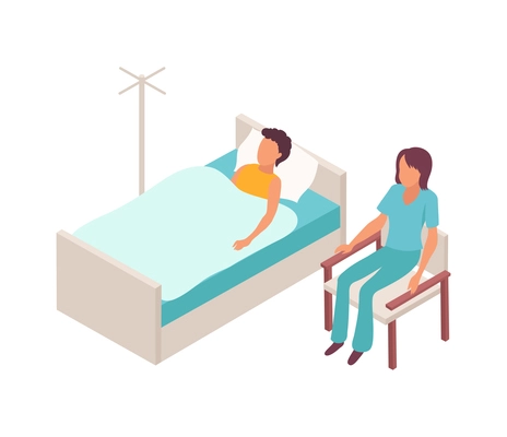 Intern medical students isometric composition with characters of patient in bed and female intern vector illustration