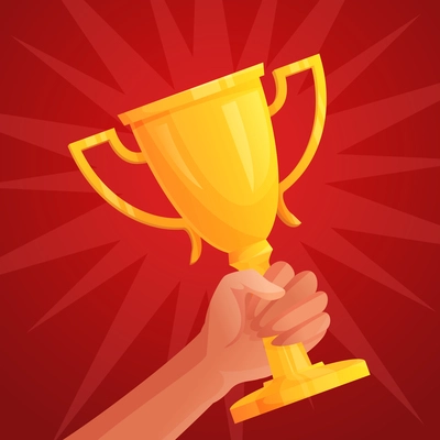 Human hand holding golden winner cup trophy competition success concept vector illustration