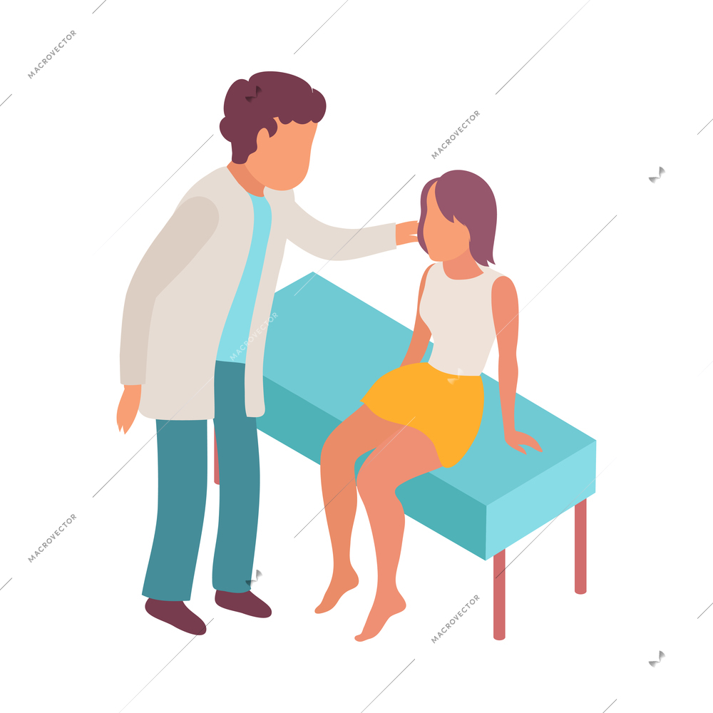 Intern medical students isometric composition with sitting female patient and male doctor checking ear vector illustration