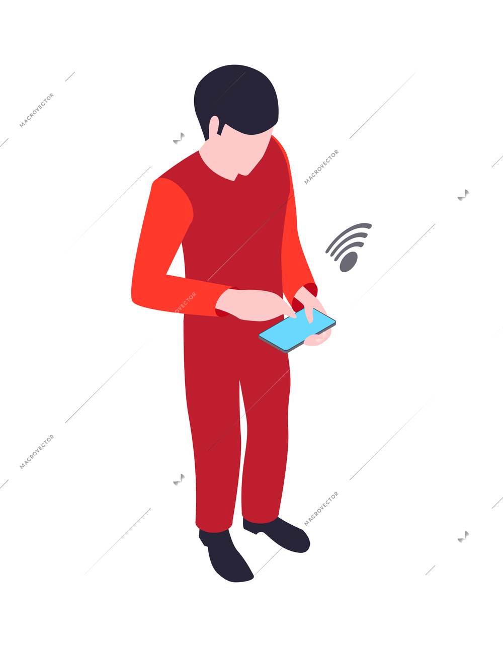 Isometric smart farm agriculture automation composition with character of farm worker with gadget wireless control app vector illustration