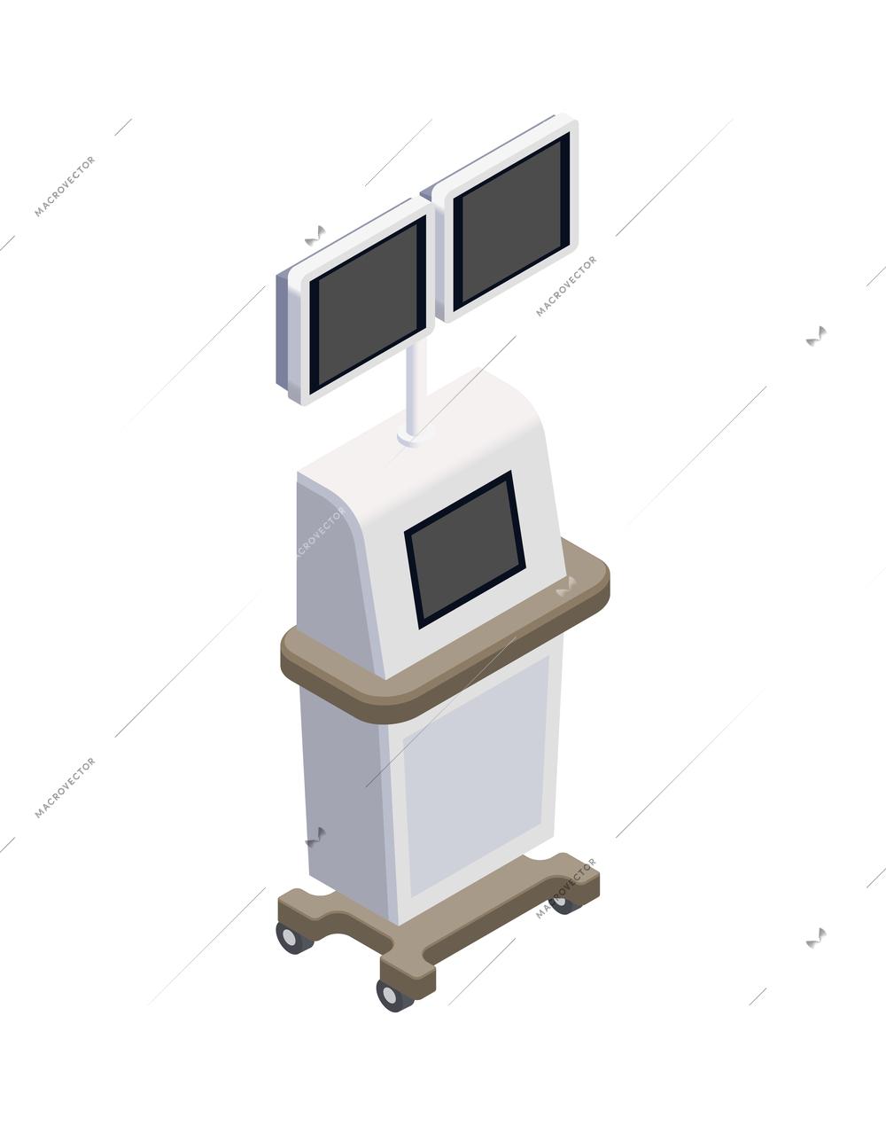 Medical equipment isometric composition with isolated image of wheeled unit with computer screens on blank background vector illustration