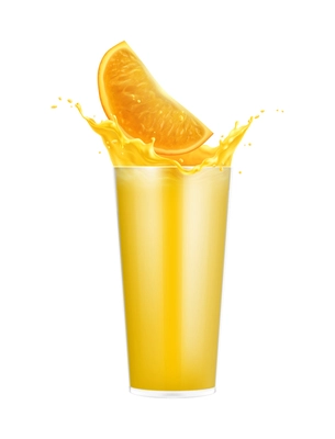 Orange juice splashes composition with isolated image of whole glass with slice and liquid splash vector illustration