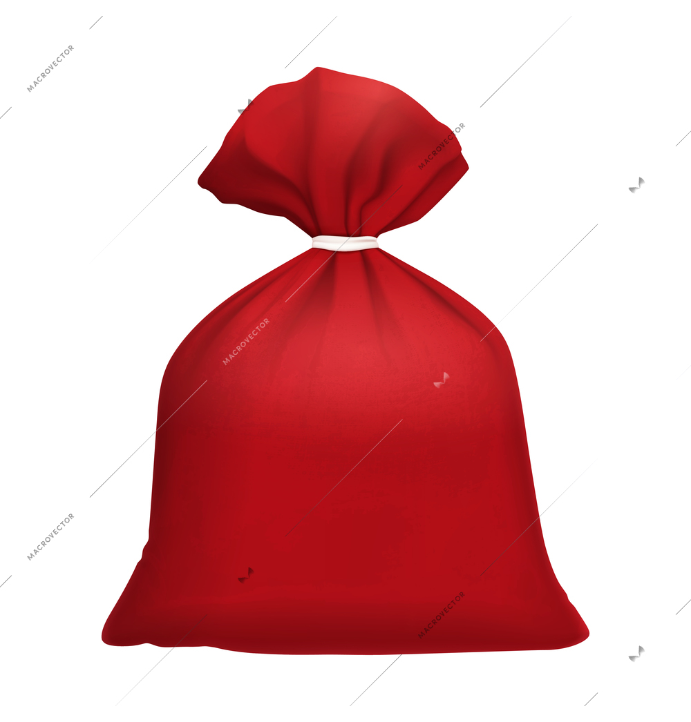 Red sack with christmas gifts realistic composition with tightened santa bag on blank background vector illustration