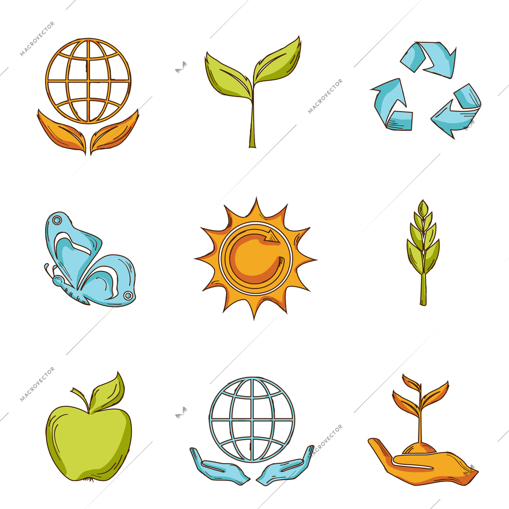 Ecology and waste sketch icons set of global environment and recycling symbols isolated vector illustration