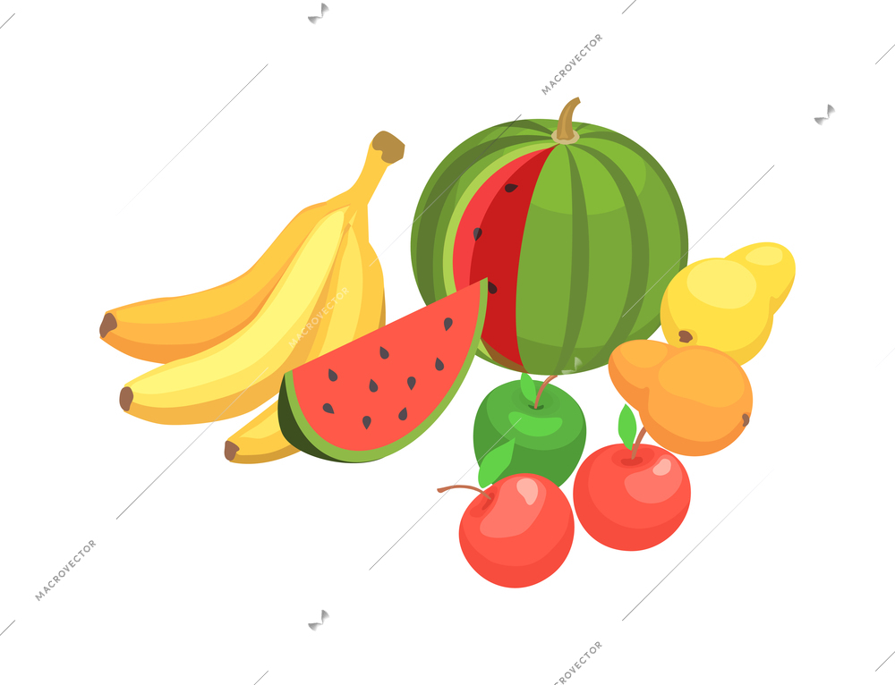 Local farm market isometric composition with isolated images of ripe fruits on blank background vector illustration