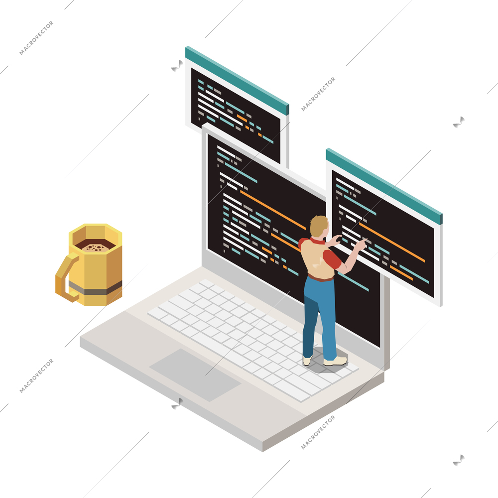 Programming development isometric composition with character of programmer on laptop with screens and coffee cup vector illustration