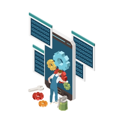 Programming development isometric composition with character of worker touching gears on smartphone screens with code vector illustration