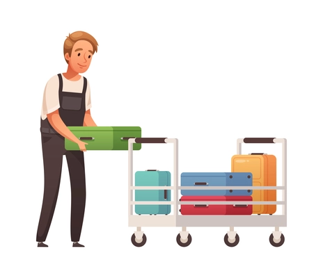 Aircraft plane airport staff people cartoon composition with isolated human character of freight handler with suitcases vector illustration