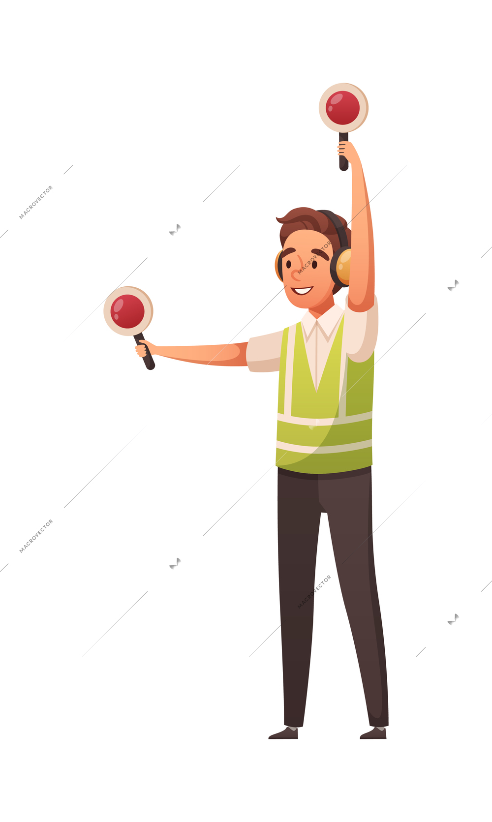 Aircraft plane airport staff people cartoon composition with isolated human character of ground signalman in uniform vector illustration