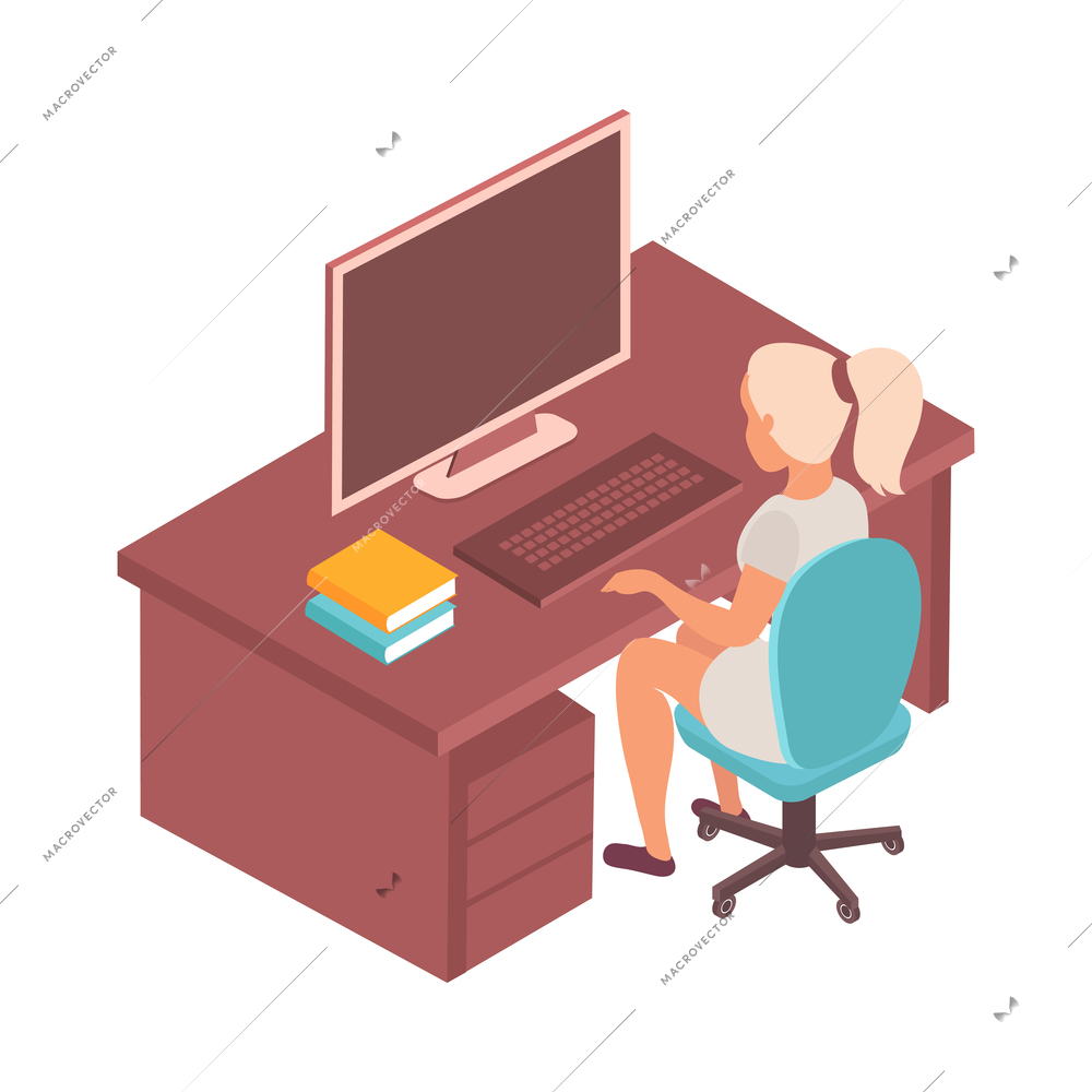 Intern medical students isometric composition with character of female doctor sitting at computer table with books vector illustration