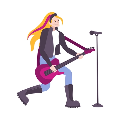 Singer character flat composition with isolated character of girl playing bass guitar on blank background vector illustration