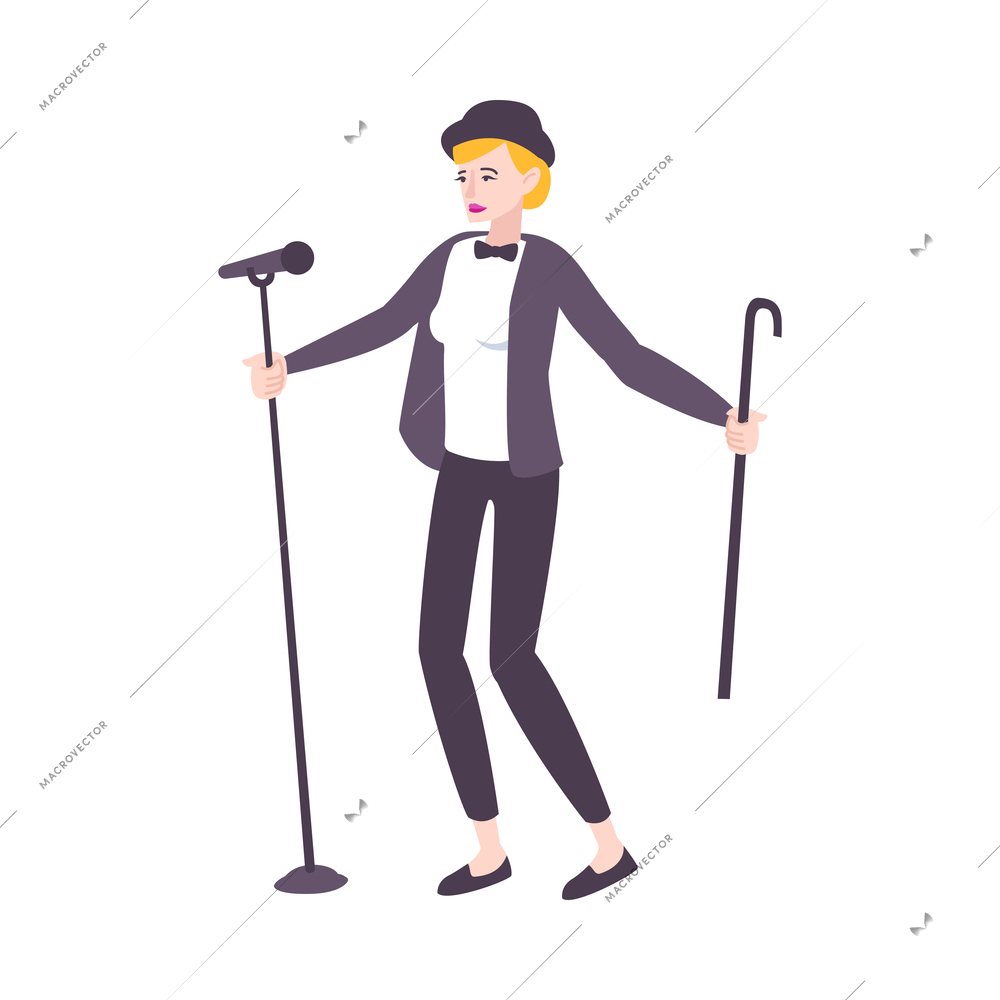 Singer character flat composition with isolated human character of performing woman with walking stick vector illustration