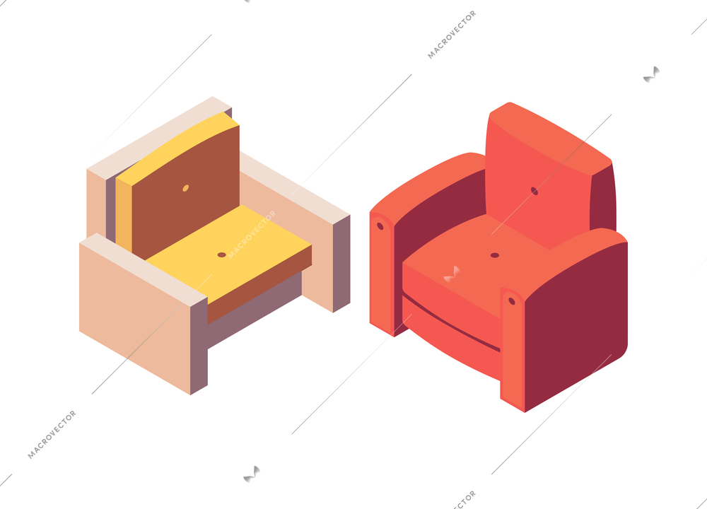 Recreation room isometric composition with isolated images of two soft armchairs on blank background vector illustration