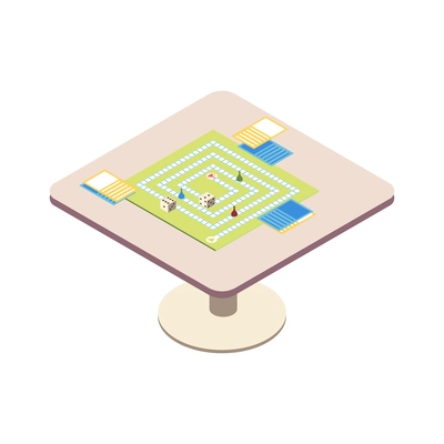 Recreation room isometric composition with isolated image of table with board game chips cards and dice vector illustration