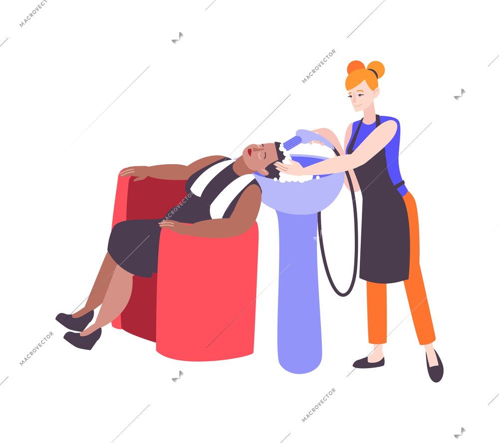 Hair salon set composition with female hairdresser washing clients hair in sink on blank background vector illustration