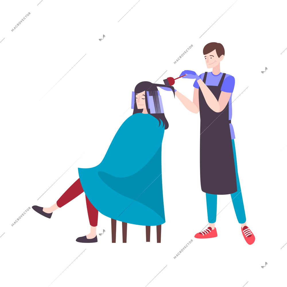 Hair salon set composition with female hairstylist dyeing hair of female client in violet colour vector illustration