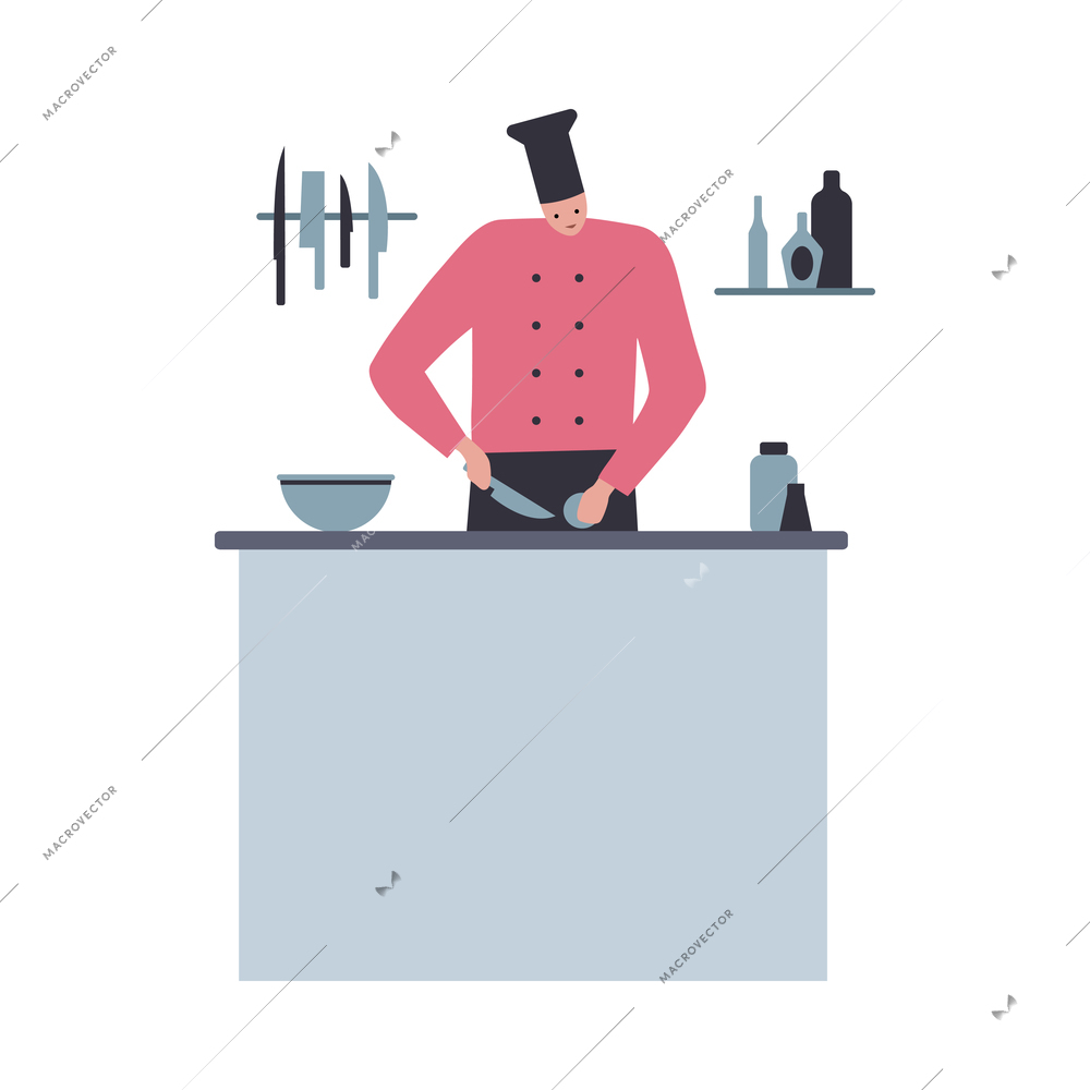 Cafe people flat composition with isolated character of cook in kitchen wearing full dress uniform vector illustration