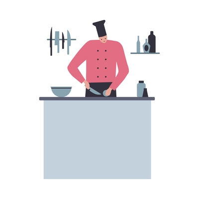 Cafe people flat composition with isolated character of cook in kitchen wearing full dress uniform vector illustration