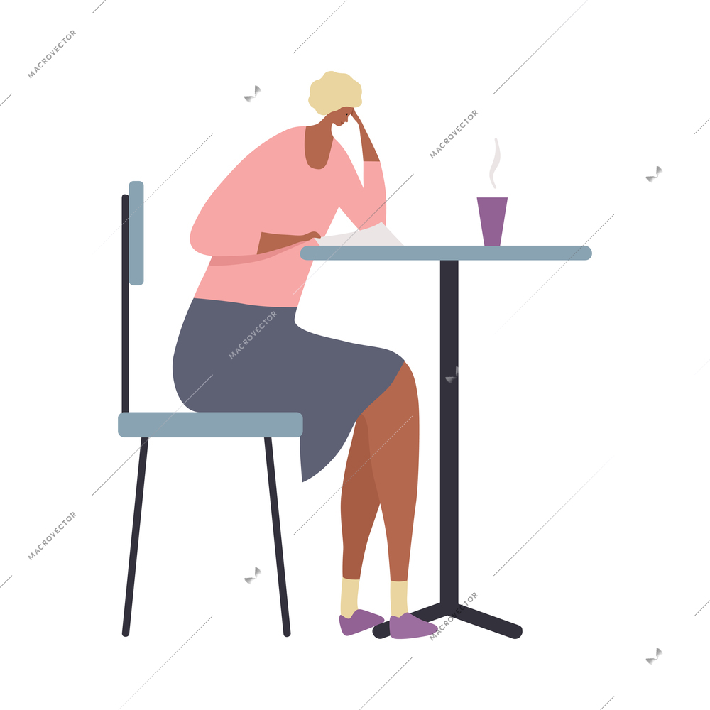 Cafe people flat composition with isolated character of woman with cup of hot drink and newspaper vector illustration