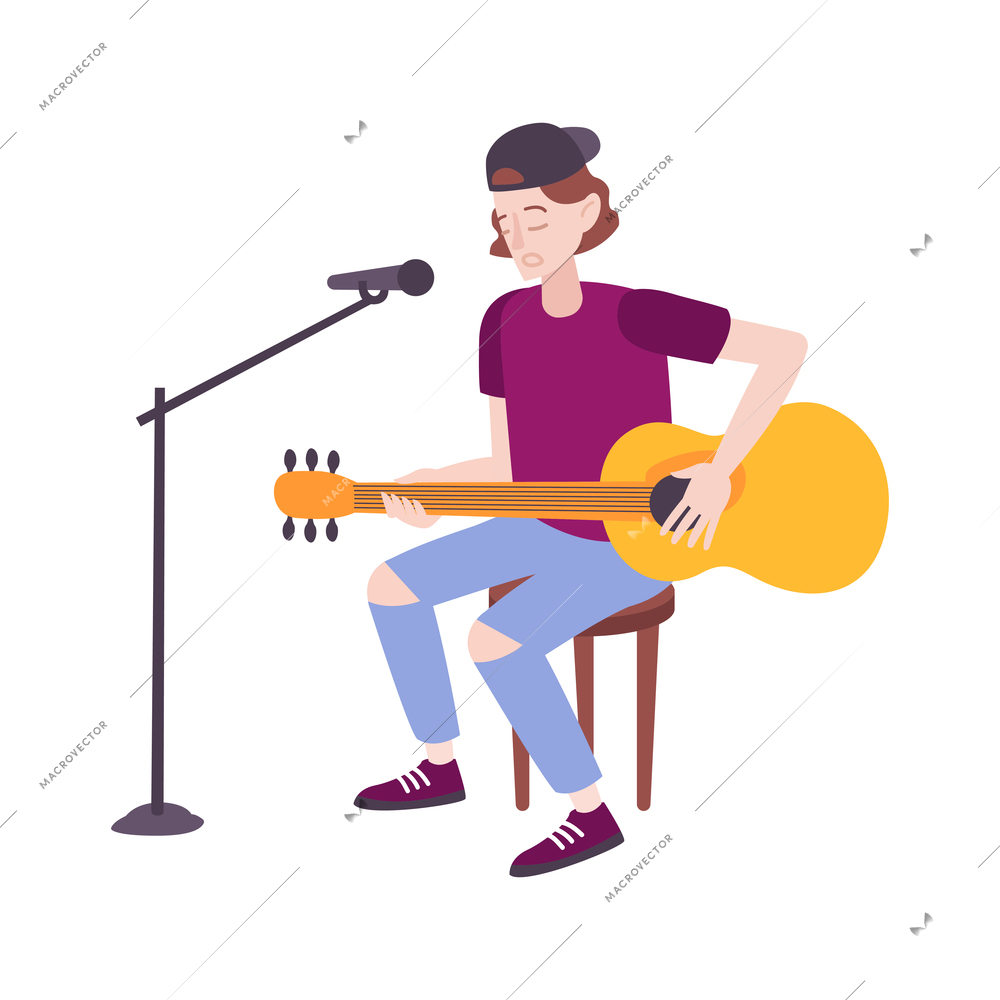 Singer character flat composition with isolated singing human character playing guitar on blank background vector illustration