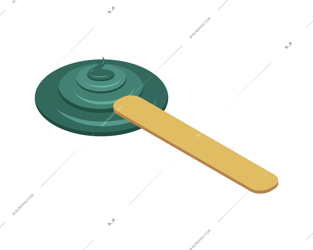 Spirulina isometric composition with view of spirulina cosmetics spot with wooden stick on blank background vector illustration