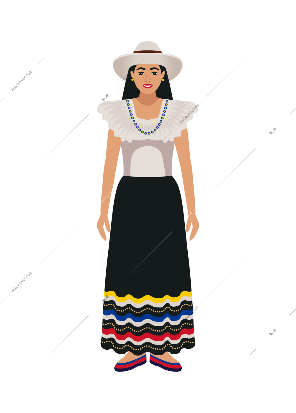 Colombia travel tourism composition with isolated character of woman in traditional costume on blank background vector illustration