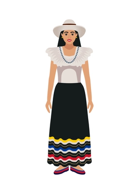 Colombia travel tourism composition with isolated character of woman in traditional costume on blank background vector illustration