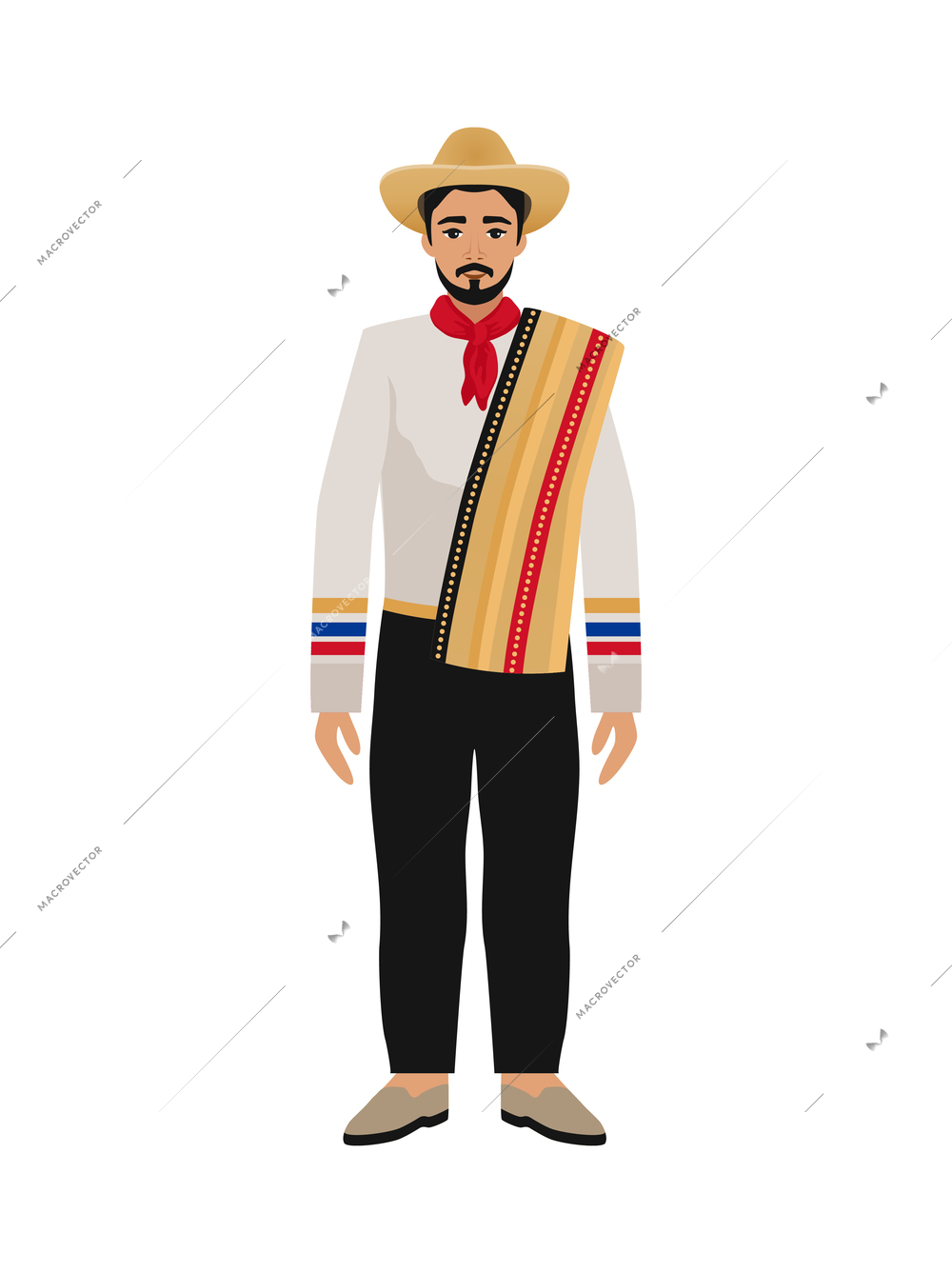 Colombia travel tourism composition with isolated character of man in traditional costume on blank background vector illustration