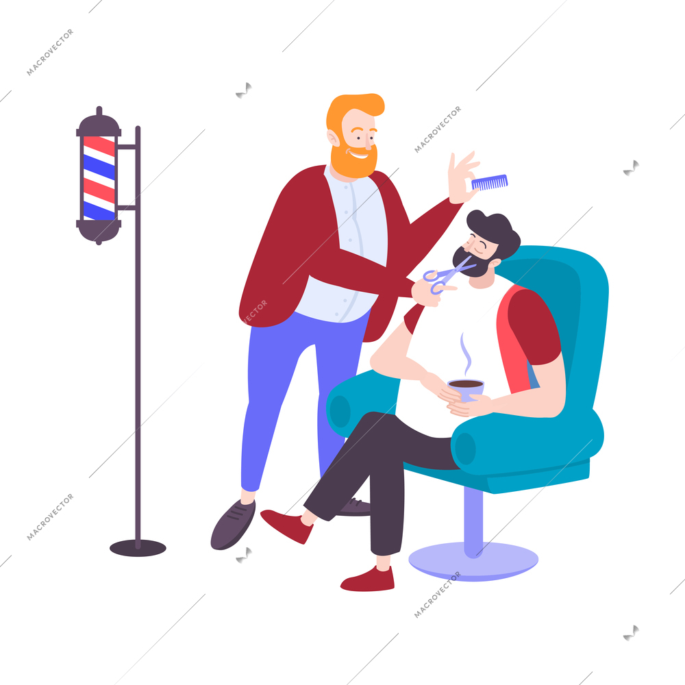 Hair salon set composition with characters of barber with scissors and sitting client on blank background vector illustration