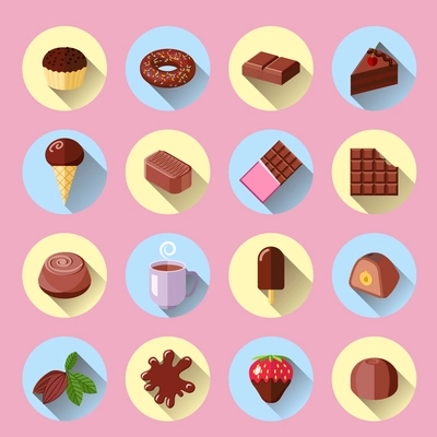 Chocolate ice cream sweet food bar flat icons set isolated vector illustration