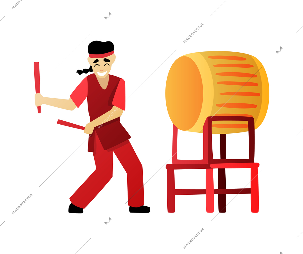 Chinese new year celebration composition with isolated male character of drummer with sticks and big drum vector illustration