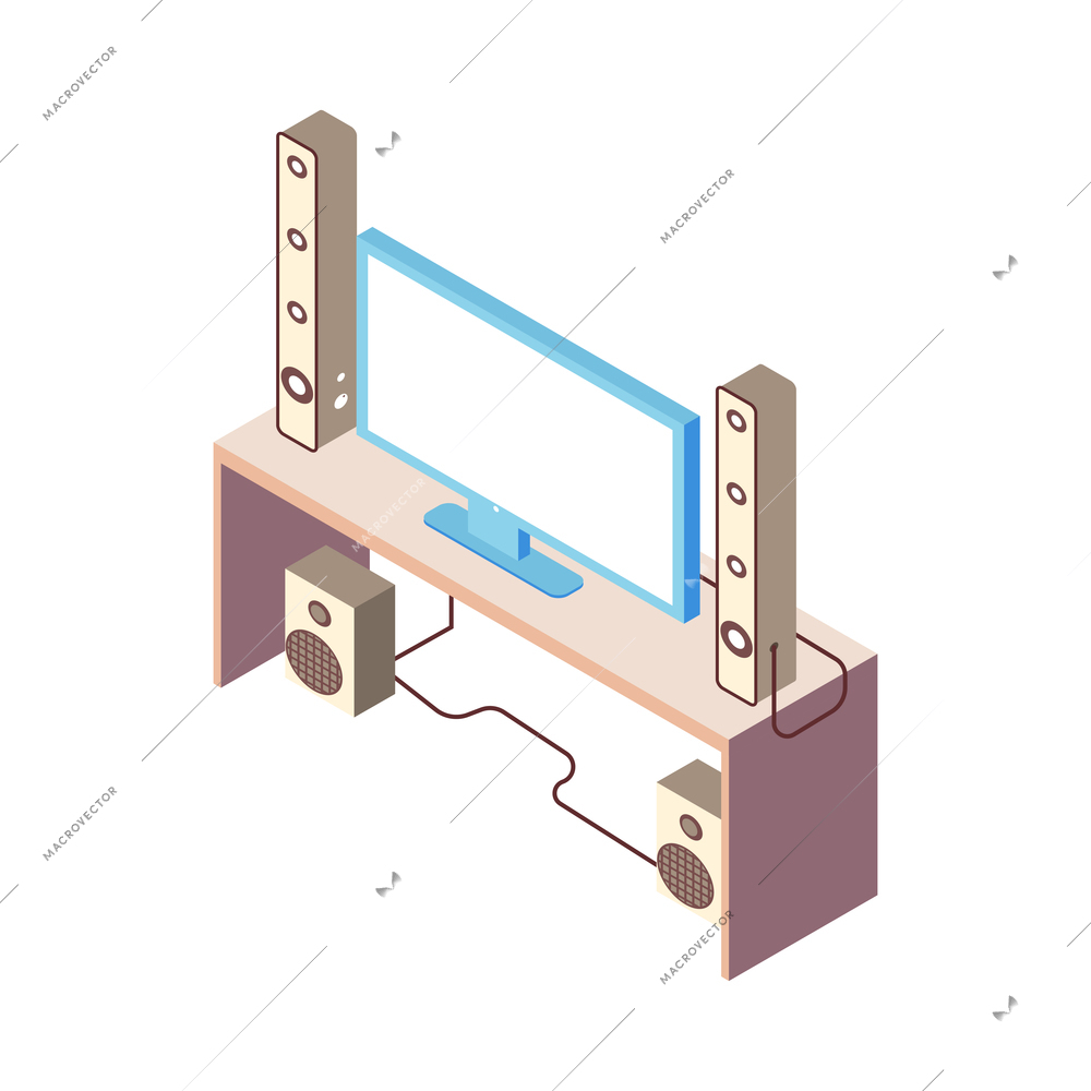 Recreation room isometric composition with isolated image of home cinema table tv set with loudspeakers vector illustration