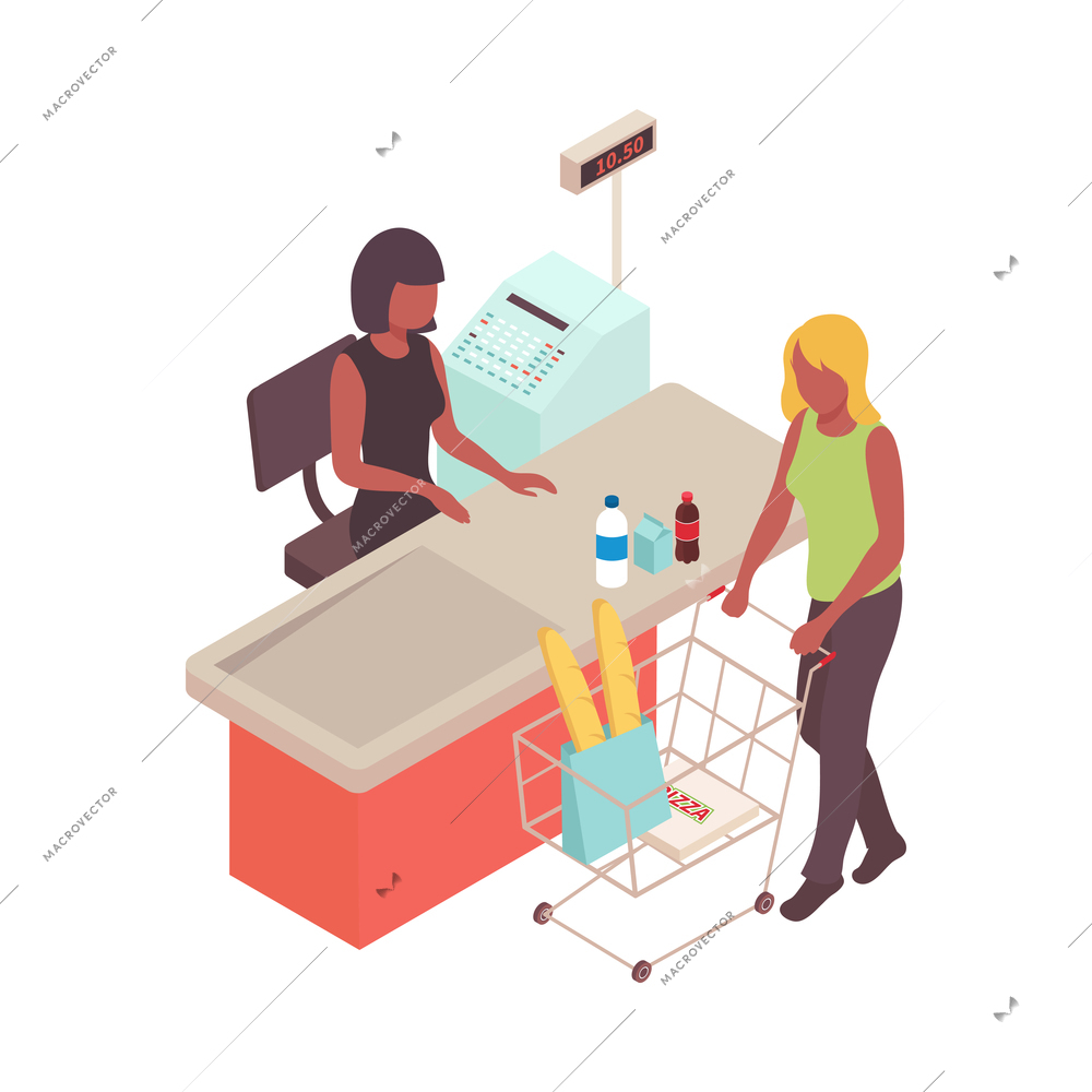 Supermarket isometric composition with human characters of visitor and checkout cashier on blank background vector illustration