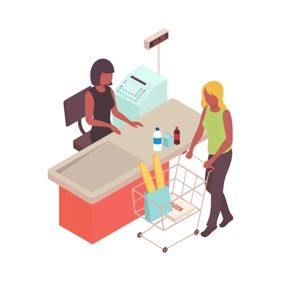 Supermarket isometric composition with human characters of visitor and checkout cashier on blank background vector illustration