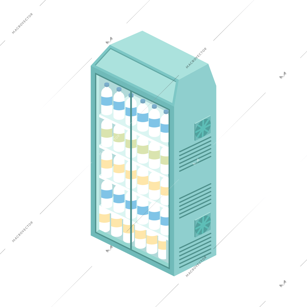 Supermarket isometric composition with isolated image of cabinet fridge with bottles of milk vector illustration