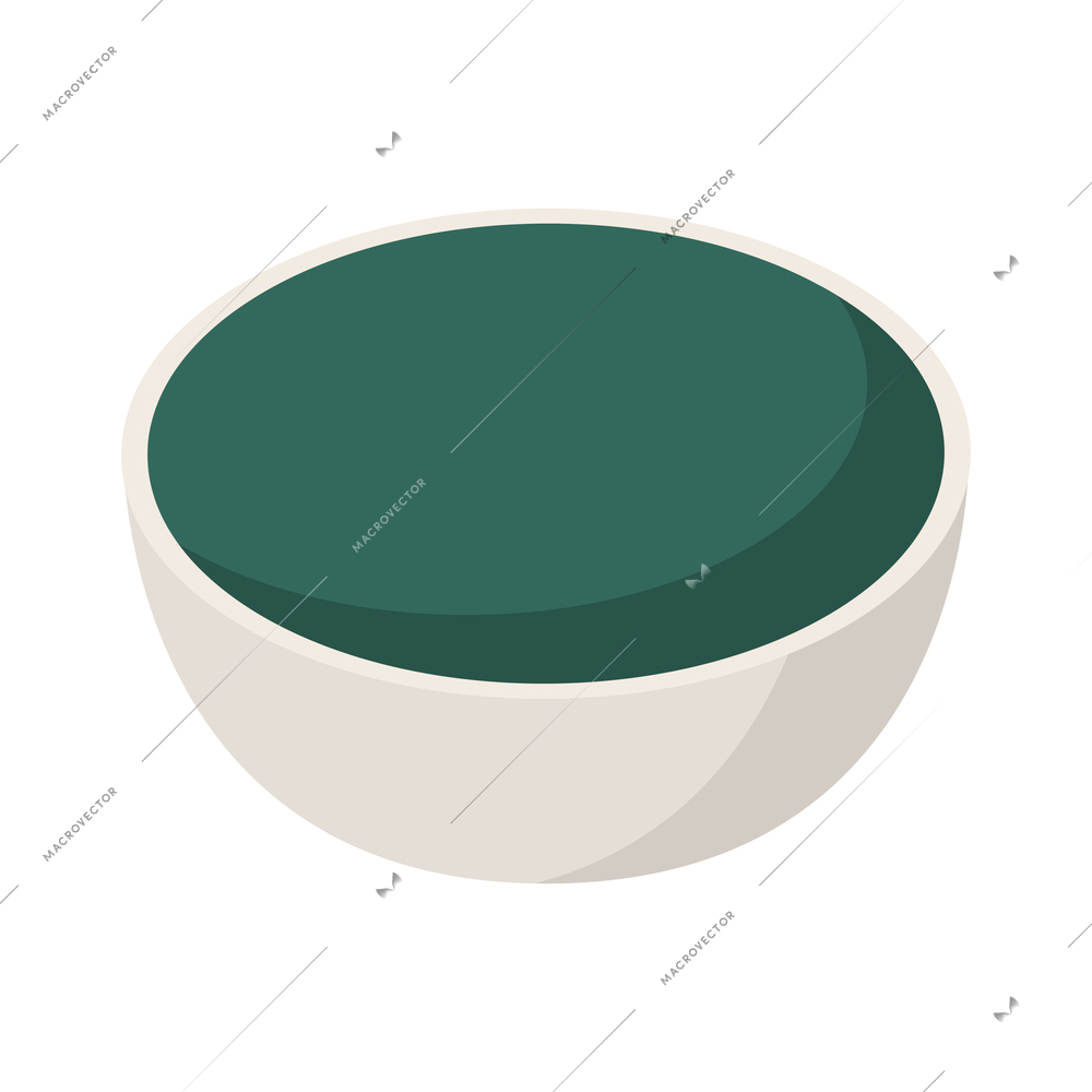 Spirulina isometric composition with isolated image of dish with liquid spirulina on blank background vector illustration