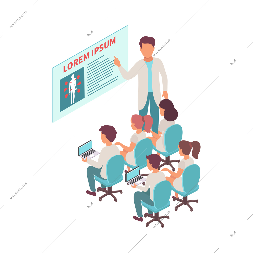 Intern medical students isometric composition with characters of teaching doctor and classmates on chairs vector illustration