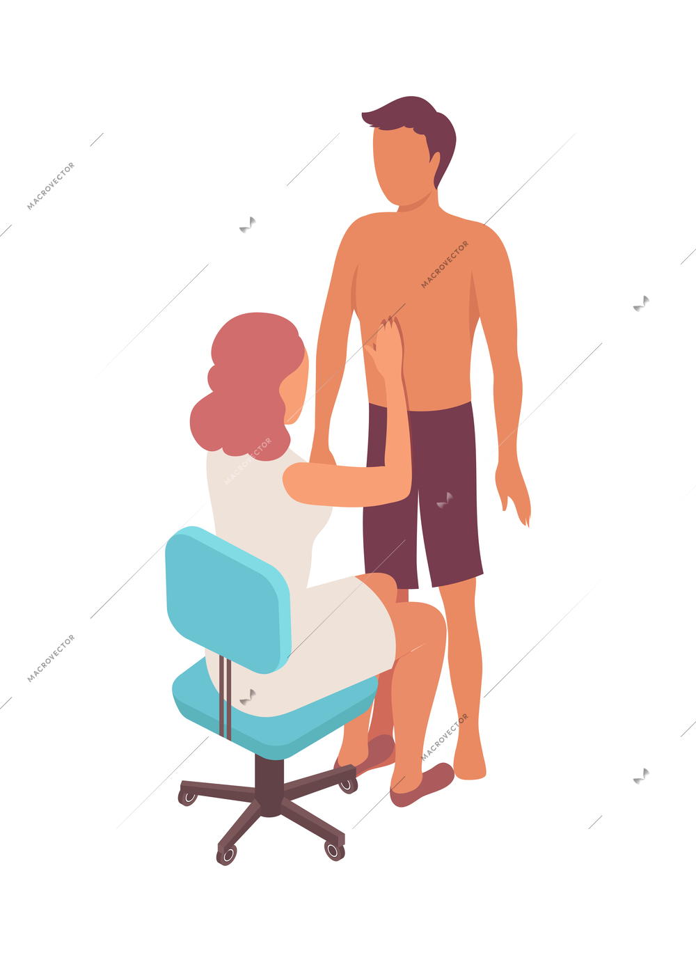 Intern medical students isometric composition with characters of male patient and sitting female doctor vector illustration