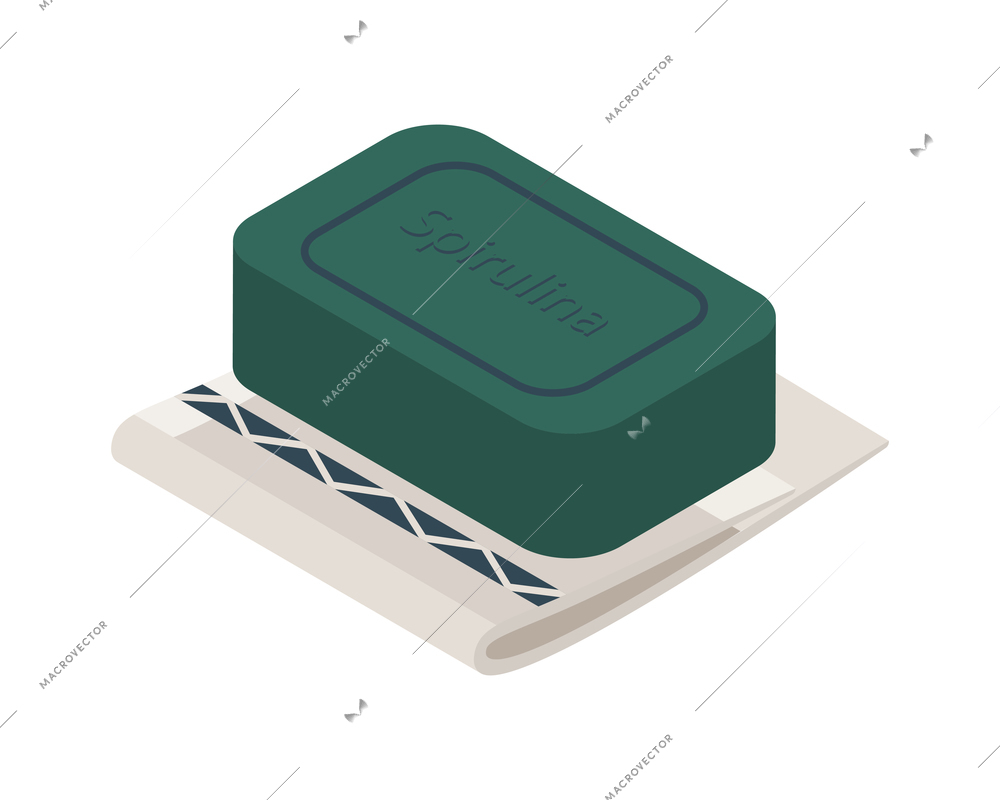 Spirulina isometric composition with view of spirulina soap on tray on blank background vector illustration