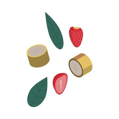 Spirulina isometric composition with view of spirulina leaves with strawberry and banana slices on blank background vector illustration